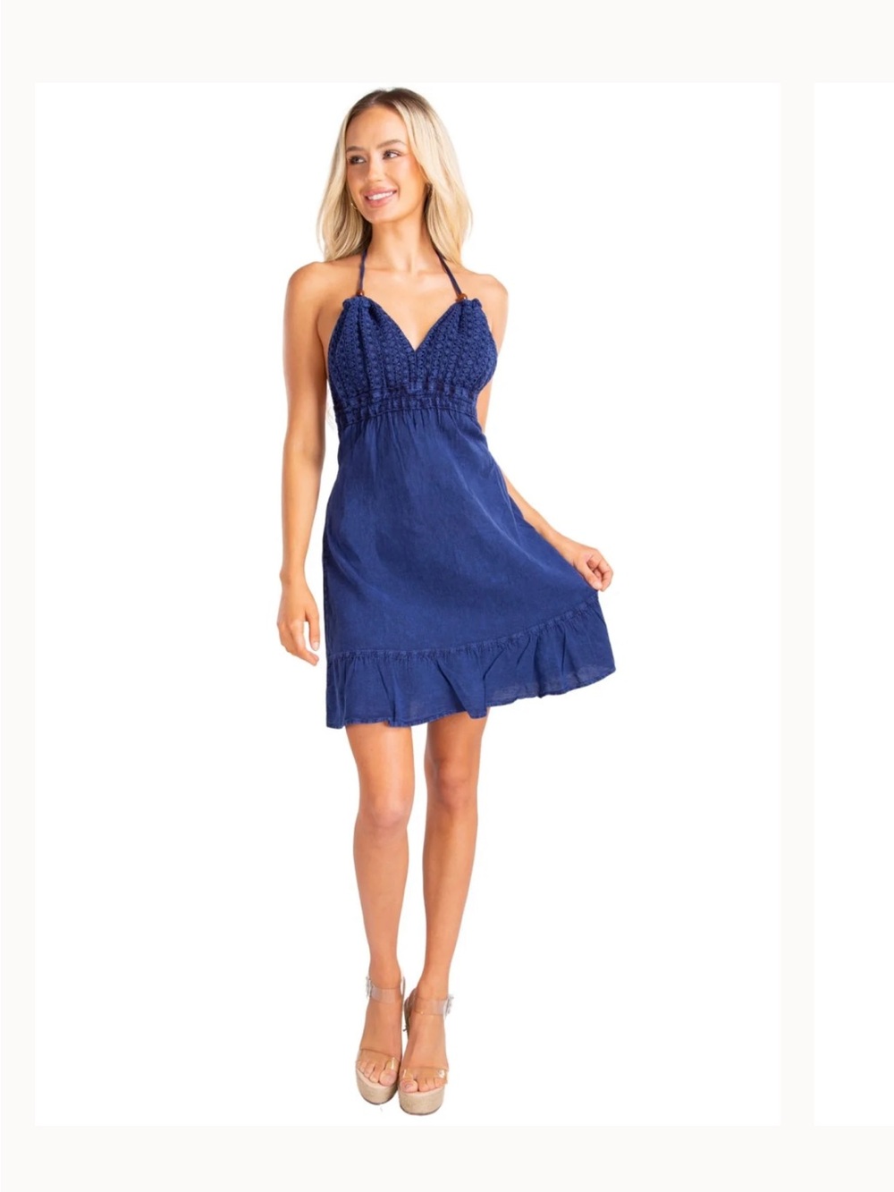 Smocked Halter Mini Dress in Navy